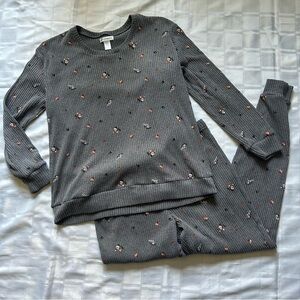 Midnight Maddie Grey Rib-Knit Floral Print Top & Joggers Pyjama Set